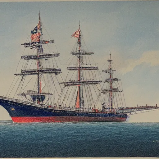 Prompt: color lithograph of uss enterprise by adolphe millot