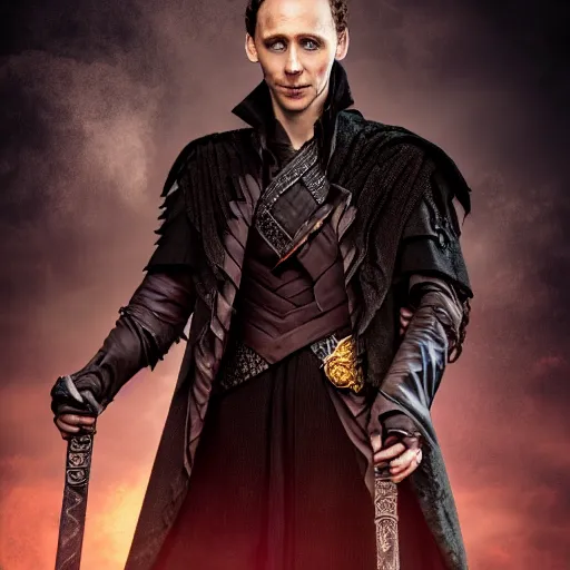 Image similar to portrait of a Tom hiddleston as a warlock ,Grim fantasy, D&D, HDR, natural light, shoulder level shot, dynamic pose, award winning photograph, Mucha style 4k,