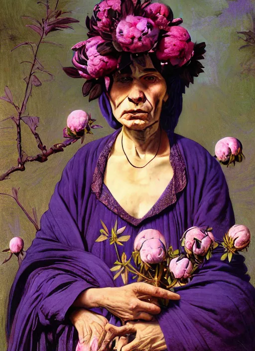 Prompt: many peonies, flower buds, birds on hight detailed background, portrait of a old woman, tuareg, nomads, vultures, dark background, purple colour scheme, full length, masterpiece, dark background, art by caravaggio, alphonse mucha, giger, guyver, cinestill, moviestill, bokeh, artstation