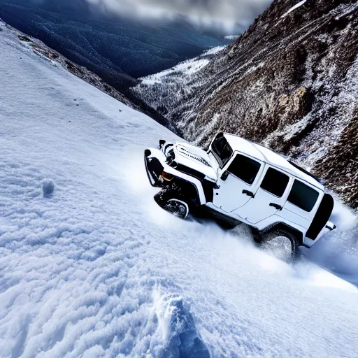 Prompt: white jeep wrangler driving up steep snowy mountain ridge on edge of a cornice, high quality digital art, dramatic lighting, cinematic, photo realism