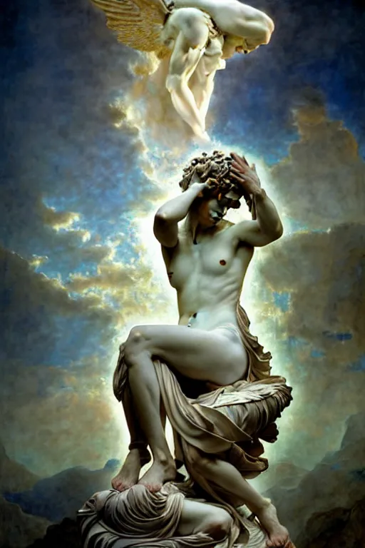 Image similar to Epic and painful view of Athena Crying statue sculpted on white stained marble by Bernini and kris kuksi, Bastien Lecouffe-Deharme, Maxfield Parrish, Mucha and Artem Demura