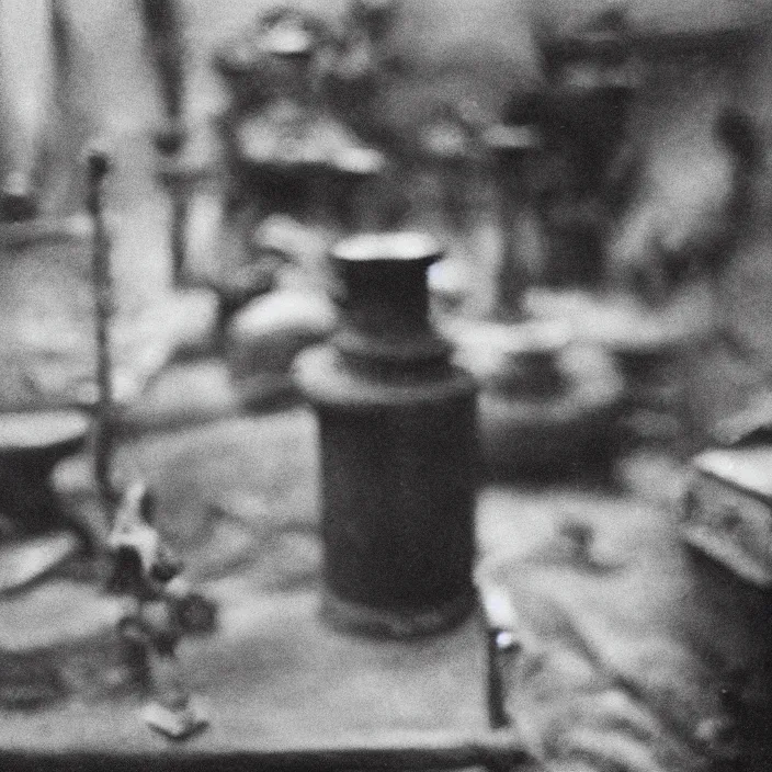 Image similar to an object on display in an ethnographic museum, film still, cinematic, out of focus, enhanced, 1 9 2 0 s, black and white, grain