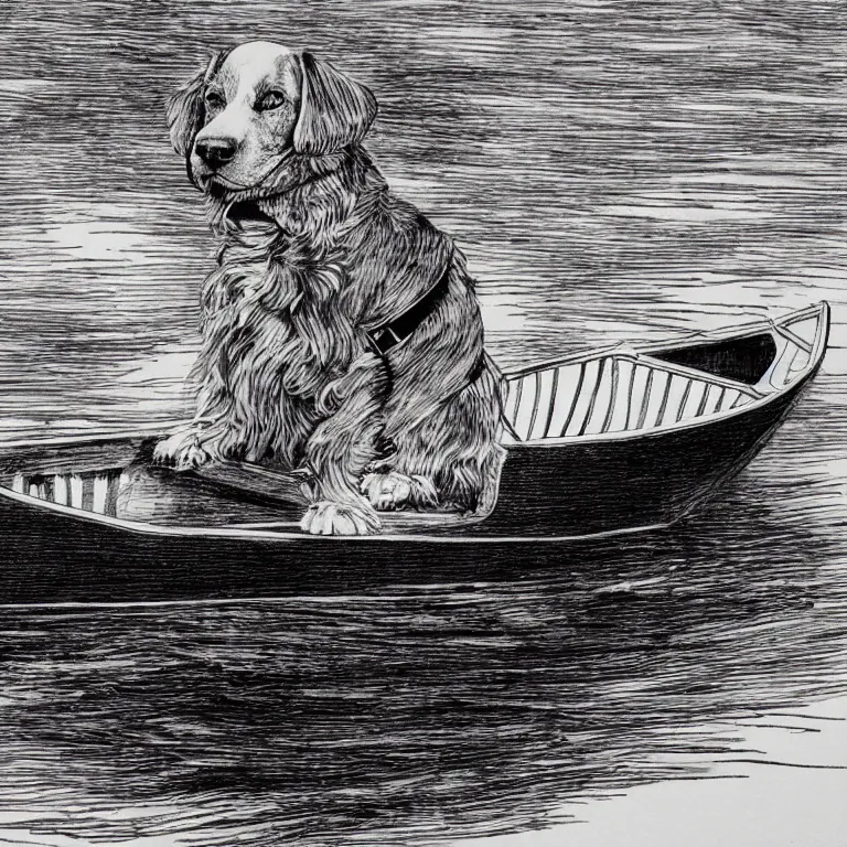 Prompt: a dog in a boat, black and white, botanical illustration, black ink on white paper, bold lines