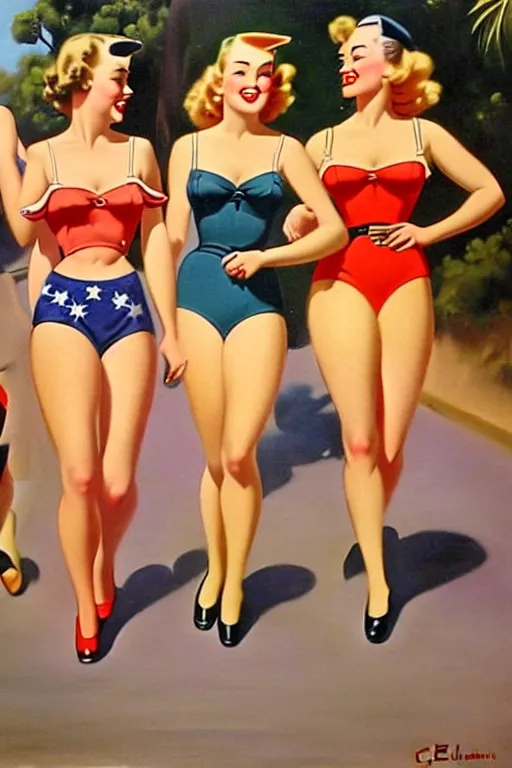 Prompt: 1940s group of pinup bikini girls walking down the street in 1940s Sydney in Australia, oil painting, by Gil Elvgren