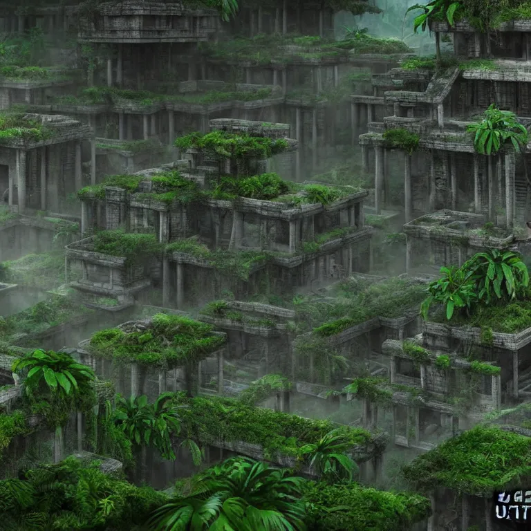 Image similar to a lost ancient mayan futuristic city in the jungle with vines and moss covering the ruins mysterious enigmatic unreal engine 4 k by iain mccaig and jan toorop