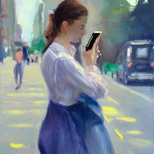 Prompt: a modern impressionist painting of a woman with a smartphone, oil on canvas, trending on artstation