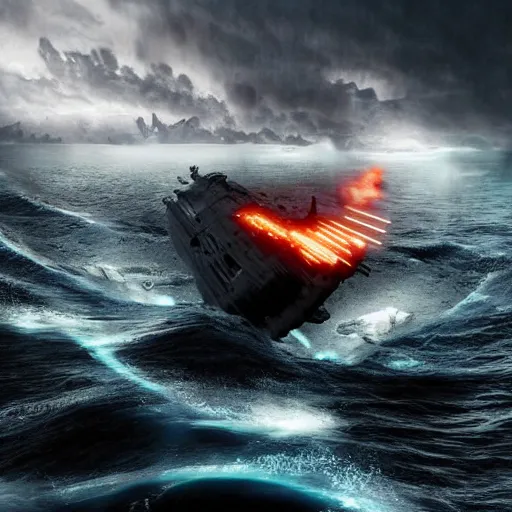 Image similar to semi futuristic warship being attacked by a sea monster, chaotic sea setting, ocean, unreal engine, octane render, cinematic, epic, rainy stormy night, chaotic, 8k, ultra detailed, Artstation, Trending on Artstation, Artstation HQ, Artstation HD, deviant art, Pinterest, digital art, reflections,