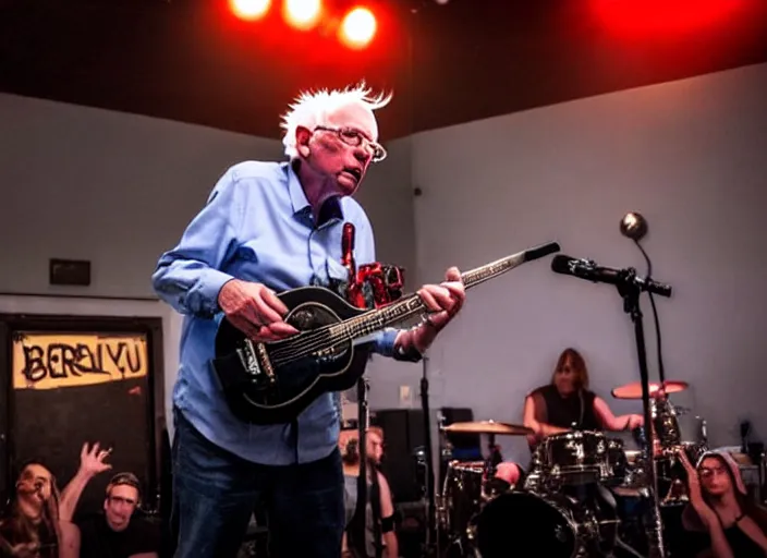 Prompt: publicity photo still of bernie sanders in a punk band playing live on stage, 8 k, live concert lighting, mid shot