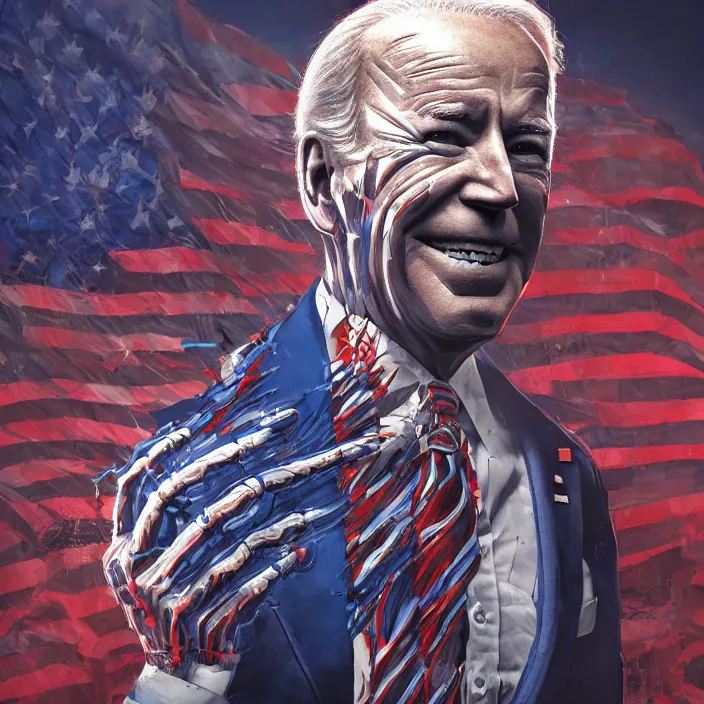 Image similar to PATRIOTIC portrait of joe biden as skeleton. burning distortions. intricate abstract. intricate artwork. by Tooth Wu, wlop, beeple, dan mumford. octane render, trending on artstation, greg rutkowski very coherent symmetrical artwork. cinematic, hyper realism, high detail, octane render, 8k, AMERICAN accents