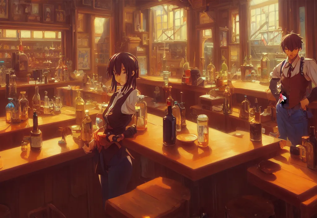 Prompt: a small empty saloon counter, intricate oil painting, high detail illustration, sharp high detail, manga and anime 1 9 9 9, official fanart behance hd artstation by jesper ejsing and makoto shinkai, 4 k,