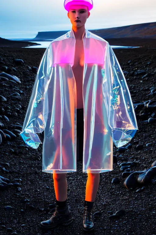 Image similar to an ultra high definition professional high fashion portrait studio full length photograph of a model wearing a transparent pearlescent raincoat and neon visor in an icelandic black rock environment at dawn. no artefacts. extremely detailed. stark. refraction. shallow depth of field. volumetric light and shadow. ray tracing. light rays.