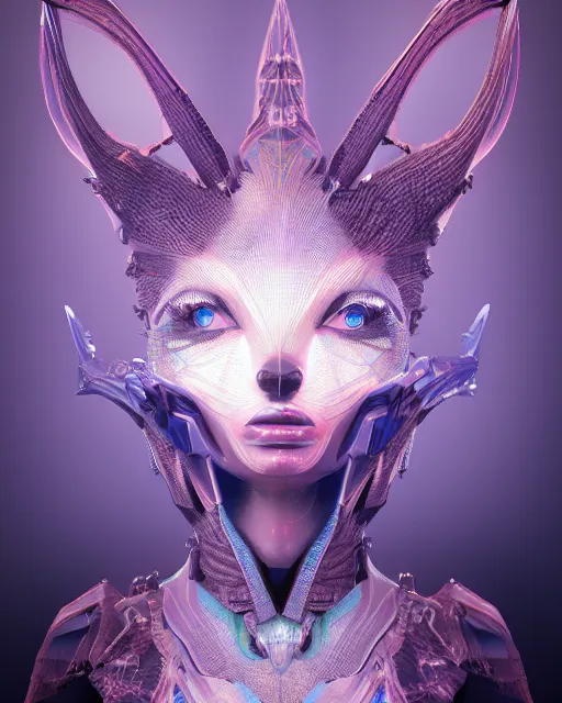 Image similar to 3 d render of dark ethereal robot fox queen with profile picture by luis toledo and alex grey and beeple, neosurrealism. digital art, pixel art, concept art, octane render, trending on cgsociety, trending on artstation