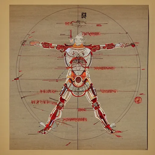 Image similar to a brilliantly colored Japanese scroll of an exploded diagram of a detailed engineering schematic of a cyborg samurai made by an AI in the pose vitruvian man in the style of jean giraud , post-processing , award winning, photo realistic, aged blood stains