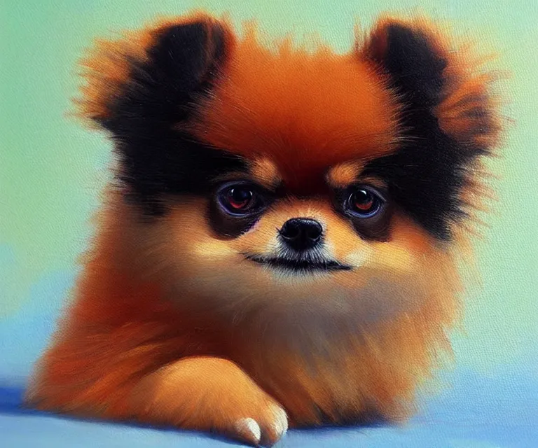 Image similar to pomeranian, cute, oil painting, trending on artstation