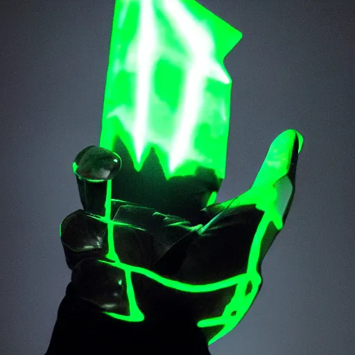 Prompt: a glowing shard of kryptonite held in an open black - gloved hand, pitch black background, glove dimly lit only by the green glow of the kryptonite