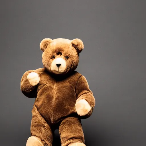 Image similar to a ( chiaroscuro lighting portrait ) of kanye west dressed as teddy bear mascot, black background, portrait by julia margaret cameron, shallow depth of field, 8 0 mm, f 1. 8