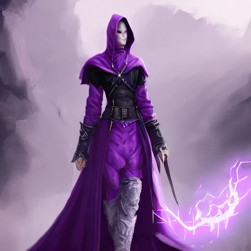 Image similar to female warlock long hood cloak purple, fighting monster with magic, 8 k, trending on artstation by tooth wu