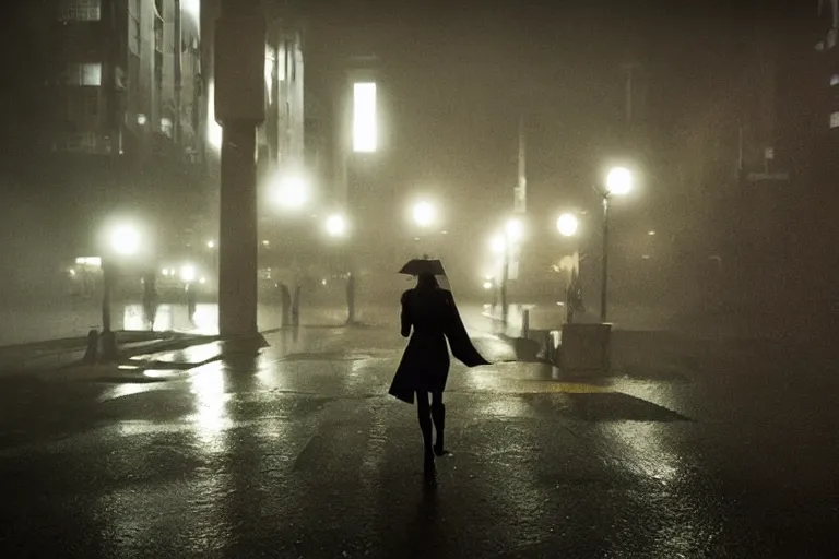 Image similar to vfx woman black super hero photo real, city street night lighting, rain and fog by Emmanuel Lubezki