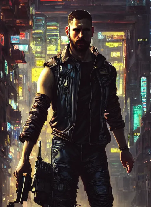 Image similar to adam smasher. cyberpunk mercenary in a cyberpunk jumpsuit ( blade runner 2 0 4 9, cyberpunk 2 0 7 7 ). orientalist portrait by john william waterhouse and james gurney and theodore ralli and nasreddine dinet, oil on canvas. cinematic, hyper realism, realistic proportions, dramatic lighting, high detail 4 k
