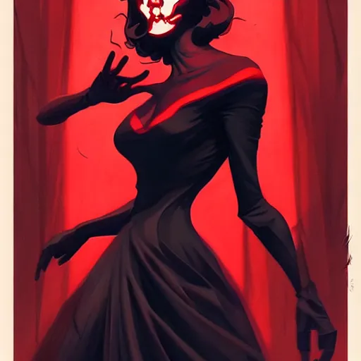 Prompt: rafael albuquerque comic art, peter mohrbacher, artgerm, joshua middleton, pretty evil elizabeth olson demon, black and red dress, symmetrical eyes