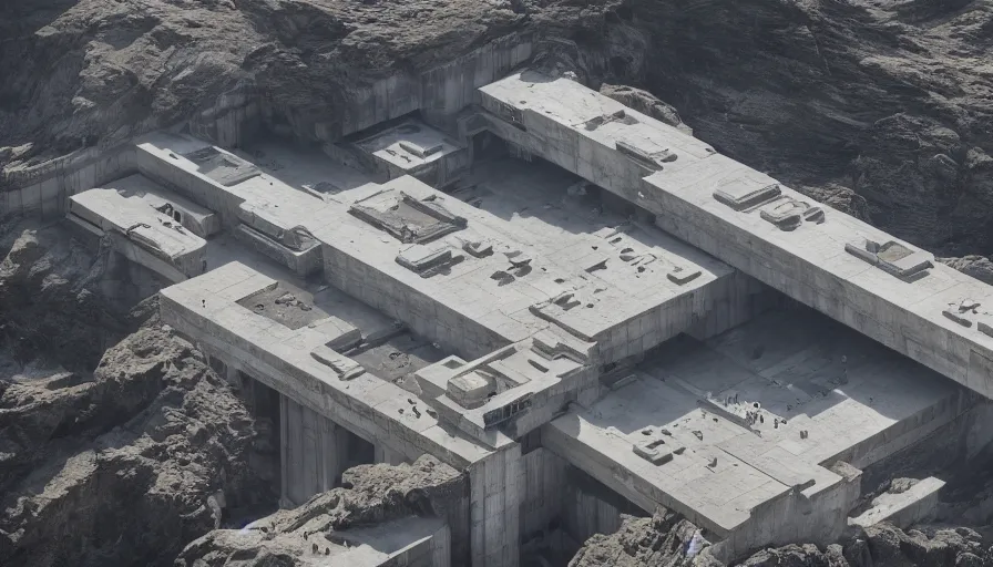 Image similar to big brutalist imperial military base on cliffs, drawing architecture, very long shot, top angle, imperial architecture in rogue one, pritzker architecture prize, brutalism, jan urschel