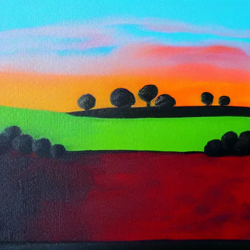 Prompt: landscape acrylic painting on canvas in the style of chris wilmshurst, bold colours