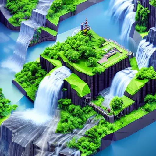 Image similar to new york surrounded by waterfalls on a floating island in the sky, low poly art, isometric art, 3d render, ray tracing, high detail, artstation, concept art, behance, smooth, sharp focus, ethereal lighting, unreal engine 5