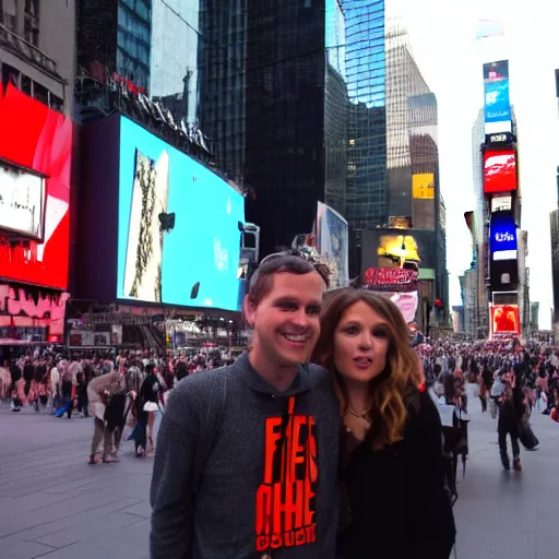 Image similar to adam and eve in times square with a snake overhead