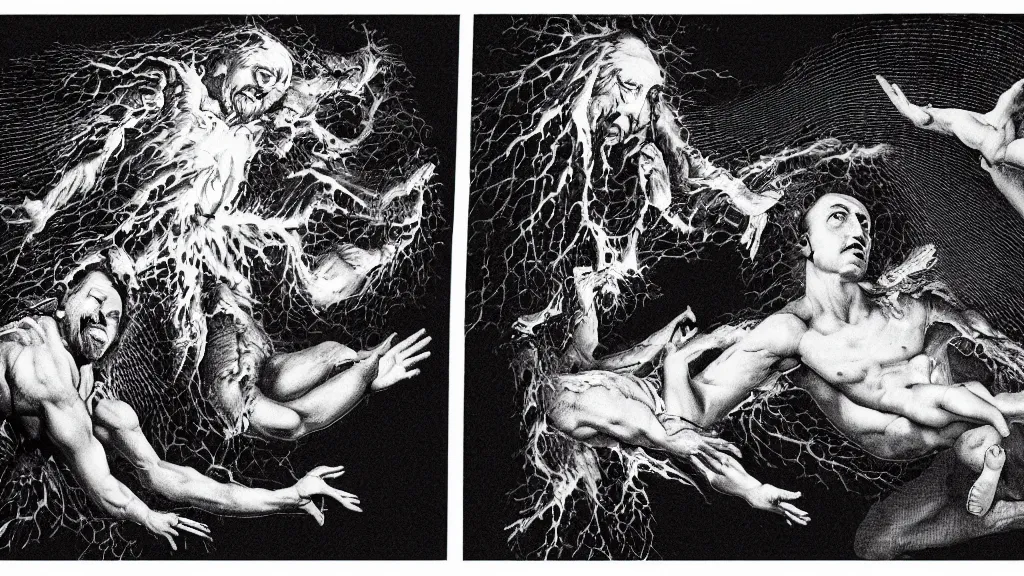 Prompt: the creation of adam in the style of dan hillier