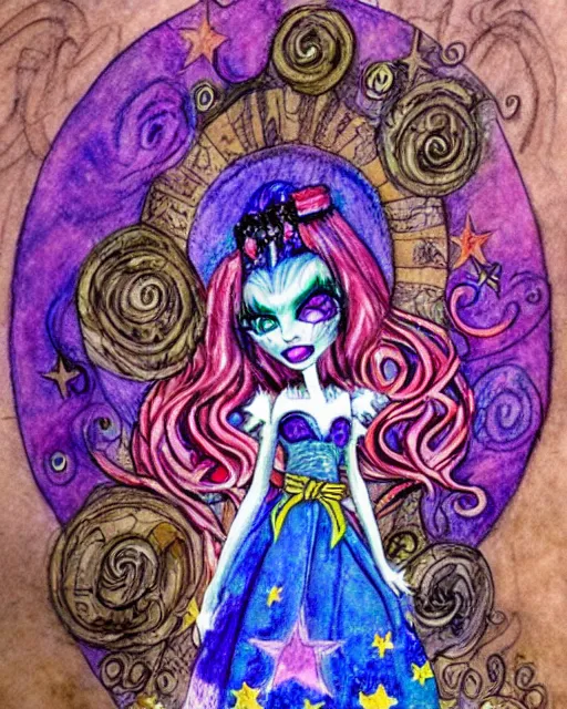 Image similar to josephine wall watercolor pencil drawing of a monster high doll fullmoon, stars, sigils and doodles around her