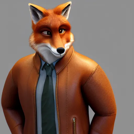 Image similar to 3 d render, portrait, anthropomorphic fox, male, in a brown leather maxi jacket, in the style of zootopia, closeup