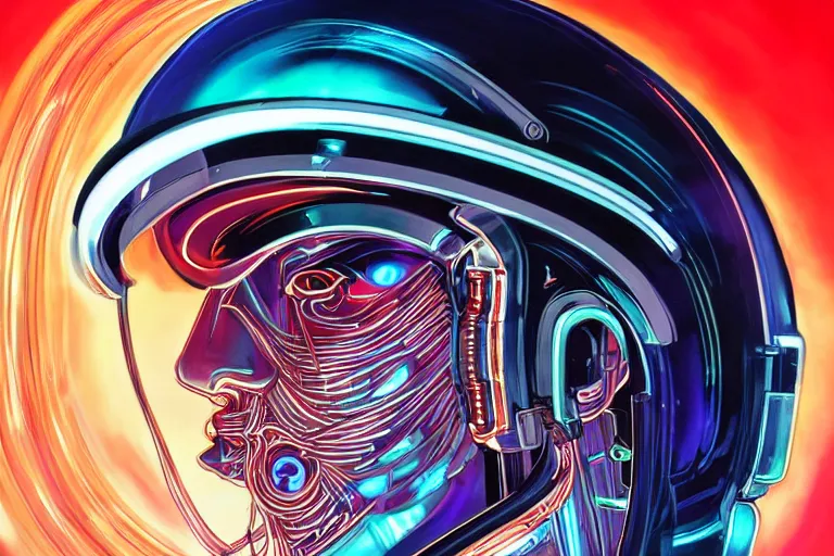 Image similar to portrait of a biomechanical head inside a futuristic space helmet, organic transistors, neon cables, tron highlights, white metal, iridescent visor, smooth, sharp focus, high detail, art by Artgerm and Raymond Swanland,