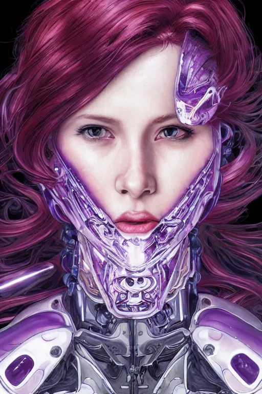 Image similar to extreme close up facial portrait, pale woman with red hair in sci - fi armor with purple accents, bionic armor, stoic, powerful, by artgerm and yoshitaka amano and moebius and alphonse mucha, hyperdetailed, dc comics, ornate, nebula, explosions in the sky, trending on artstation