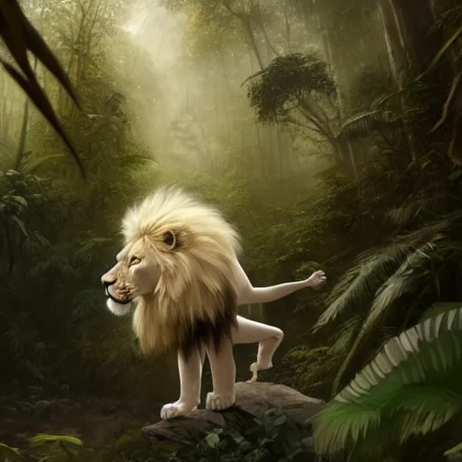 Image similar to commission portrait of a male anthro albino lion,wearing cargo pants and a boack t-shirt,going through a jungle cautiously.dramatic,character design by charles bowater,greg rutkowski,ross tran,hyperdetailed,hyperrealistic,4k,deviantart,artstation,professional photography,concept art