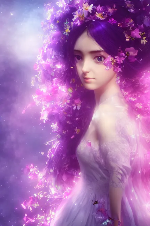 Image similar to 4k detailed portrait of a beautiful intimate woman with long purple cosmic hair and a beautiful celestial dress made of flowers, by vexa. Anime, volumetric lighting, trending on artstation