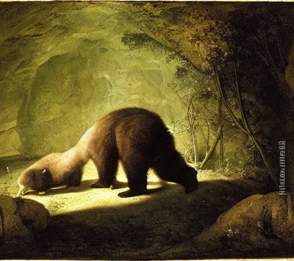 Prompt: viewer looking into dark cave and seeing a mother bear and her cubs sleeping, night time, artwork by Pieter Claesz, impressionism