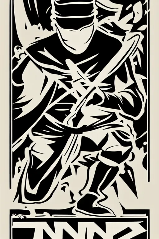 Image similar to Poster of a ninja in the style of die cut sticker, art by daniel Barreto , color, detailed, high resolution, vector art