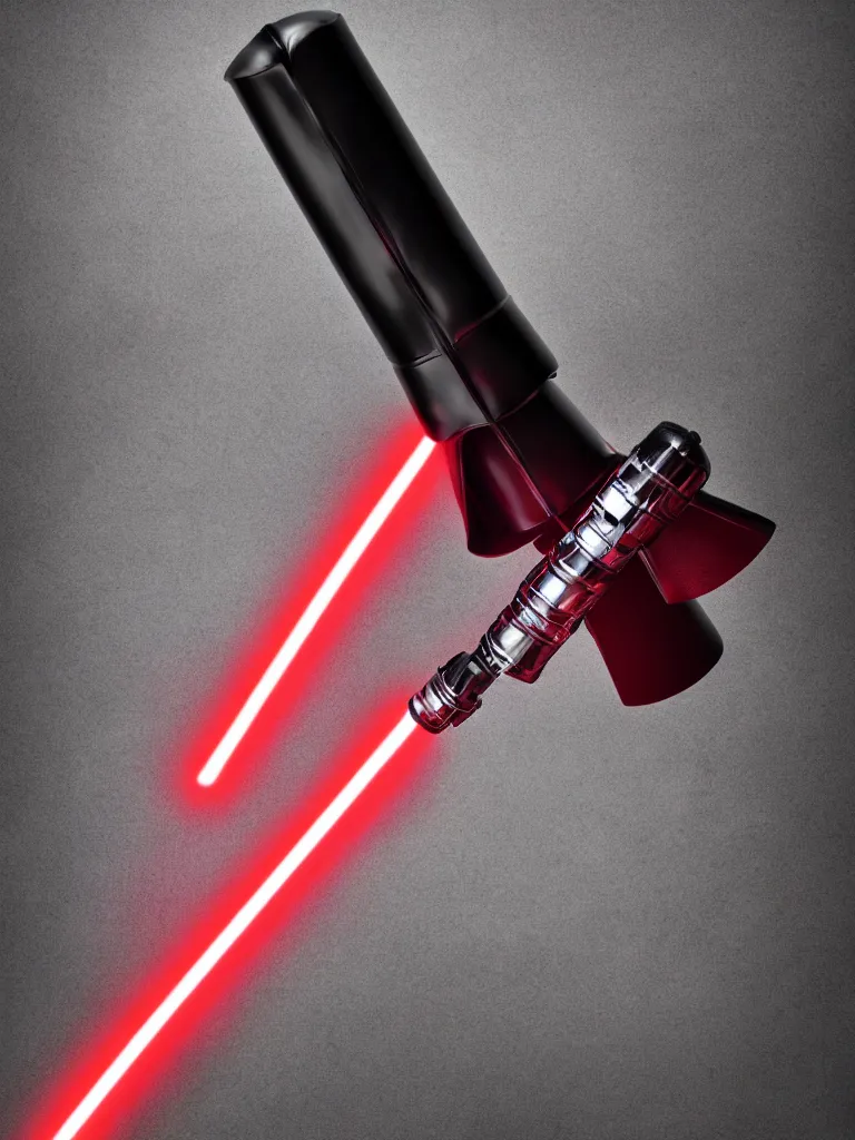 Image similar to darth vader lightsaber hilt, studio photo, hdr, dynamic lighting, red and chrome colors only, chrome, metallic, shiny, reflective, 8 k