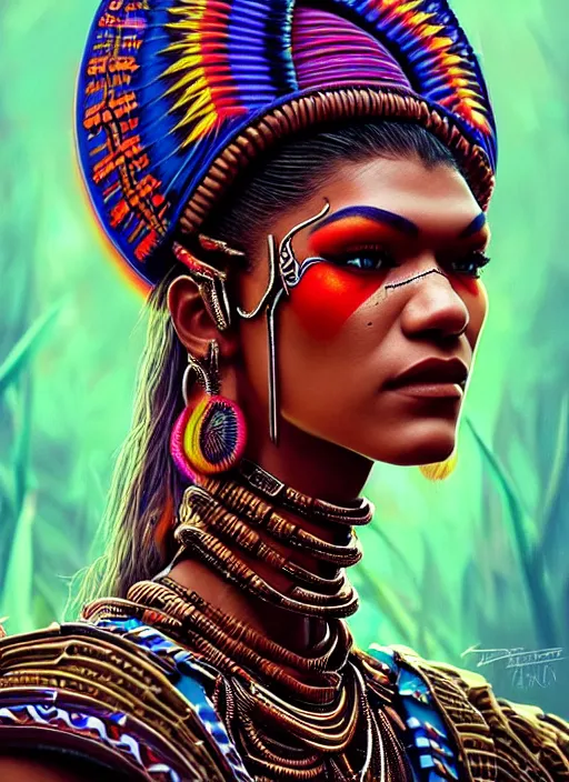 Image similar to portrait of zendaya, hyper detailed ultra sharp aztec shaman warrior. trending on artstation, warpaint aesthetic, bloodwave, colorful, psychedelic, ornate, intricate, digital painting, concept art, smooth, sharp focus, illustration, art by artgerm and greg rutkowski and h. r. giger, 8 k