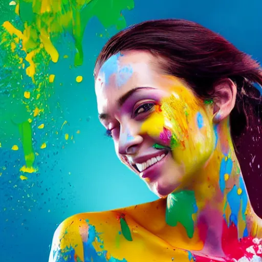 Image similar to potrait of a female model get splash with paint liquid , commercial ads