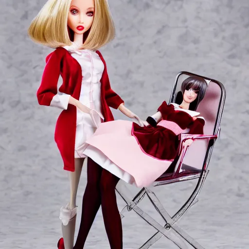 Image similar to anime barbie doll, 5 dolls in one photo, in red velvet stockings, a nurse's dress, full length, heels on her feet