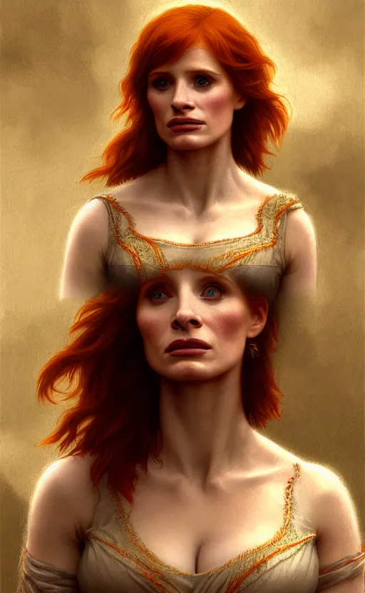 Prompt: Bryce Dallas Howard, Jessica Chastain, traditional corsican, intricate, highly detailed, artstation, illustration, jurgens, rutkowski, bouguereau, pastoral, rural, georgic