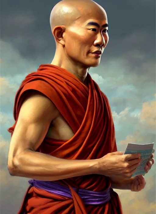 Image similar to smart tai buddhist monk, sukothai, closeup portrait, without beard and mustache, historical hero, ethnic group, tai costume, intricate, elegant, loin cloth, highly detailed, oil painting, artstation, concept art, matte, sharp focus, illustration, hearthstone, art by earl norem