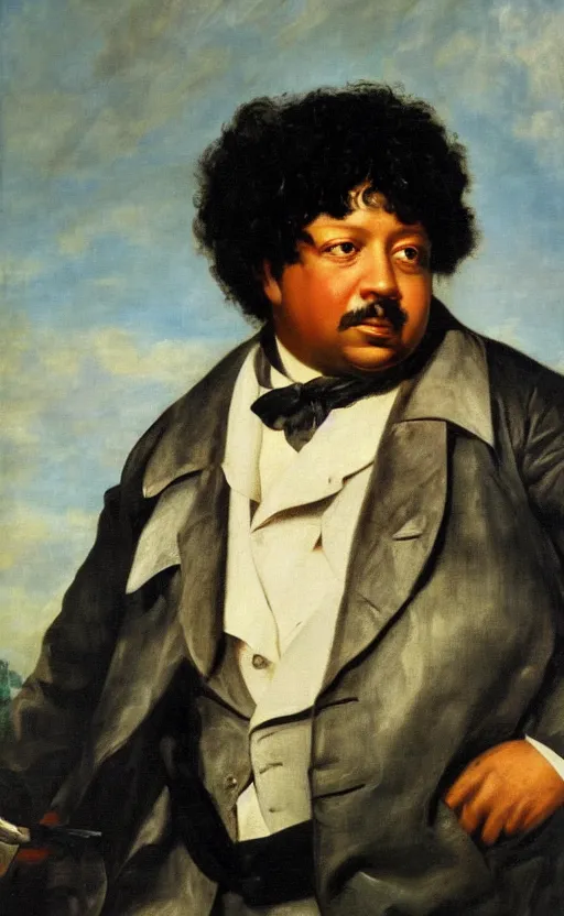 Image similar to Portrait of Alexandre Dumas, oil on canvas, highly detailed, by Delacroix, 8k