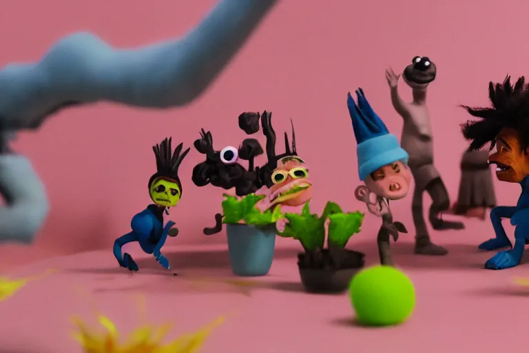 Image similar to cinematic screenshot of a stop motion claymation film about a wacky adventure starring danny brown, shallow depth of field, 1 8 mm, f 1. 8