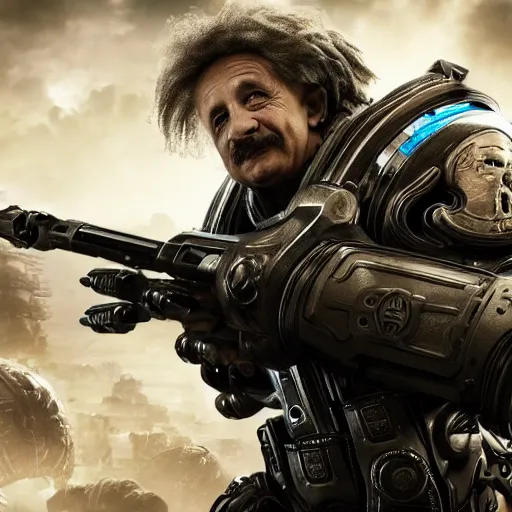 Image similar to Albert Einstein in Gears of War, splash art, movie still, detailed face, cinematic lighting, dramatic, octane render, long lens, shallow depth of field, bokeh, anamorphic lens flare, 8k, hyper detailed, 35mm film grain