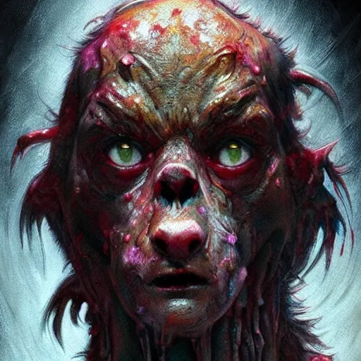 Prompt: realistic portrait beautiful concept art of scooby doo scene when vomit and turns into mutant. horror, created by gustave dore and greg rutkowski, high detailed, smooth draw, synthwave neon retro, trending on artstation.