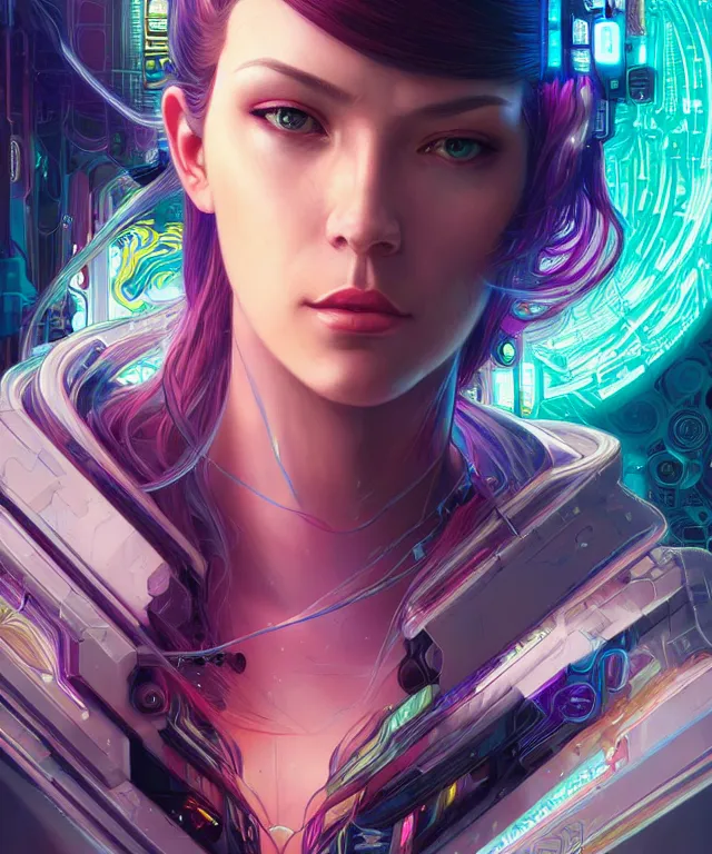 Image similar to beautiful adult woman wearing netrunner clothing, extremely detailed face, cyberpunk, cybernetic, cyborg, vaporwave aesthetic, synthwave, flowing hair, colorful, psychedelic, intricate, elegant, highly detailed, digital painting, artstation, concept art, smooth, sharp focus, illustration, art by artgerm and greg rutkowski and alphonse mucha