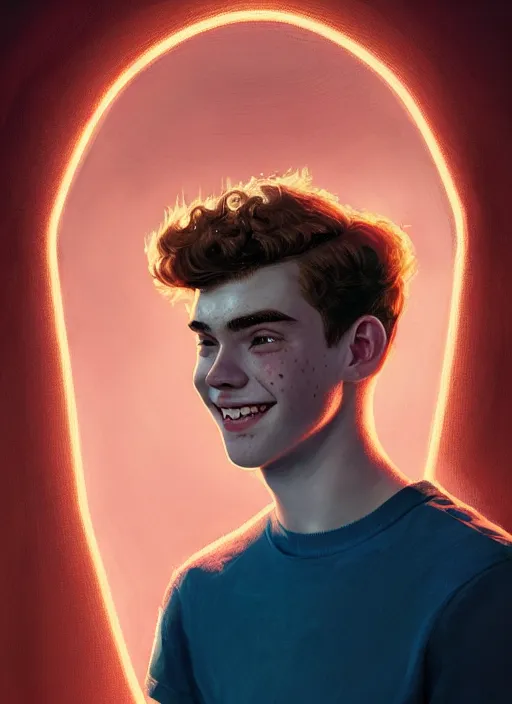 Image similar to portrait of teenage archie andrews, freckles, curly middle part haircut, curly hair, smiling kindly, intricate, elegant, glowing lights, highly detailed, digital painting, artstation, concept art, smooth, sharp focus, illustration, art by wlop, mars ravelo and greg rutkowski