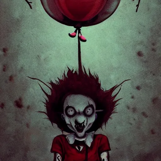 Image similar to grunge painting of bug bunny with a wide smile and a red balloon by tim burton, loony toons style, pennywise style, corpse bride style, rick and morty style, creepy lighting, horror theme, detailed, elegant, intricate, conceptual, volumetric light